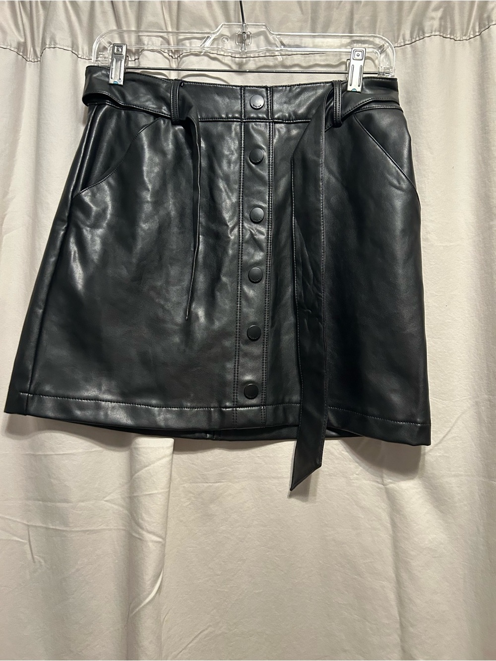 Abercrombie & Fitch Black Faux Leather Button-Front Mini Skirt with Waist Tie